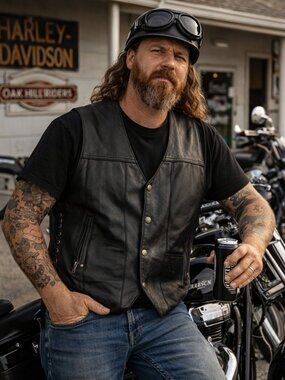 Wildwear Black Leather Biker Vest V-Neck Side Lace Club Vest XL